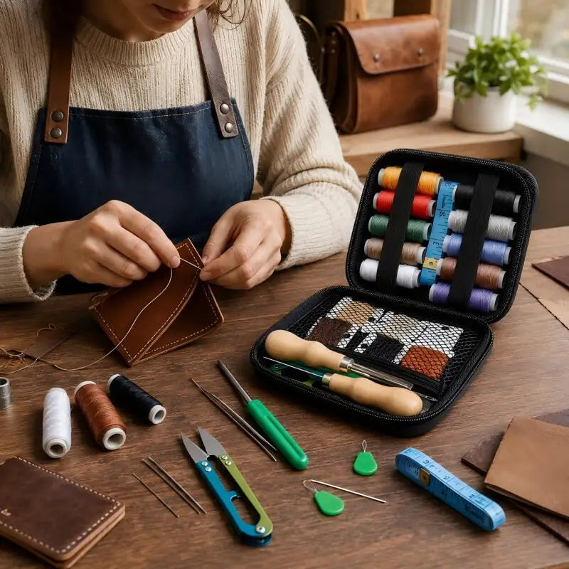 Leather sewing tool set with waxed thread and needle threader, DIY craft accessory set suitable for leather sewing