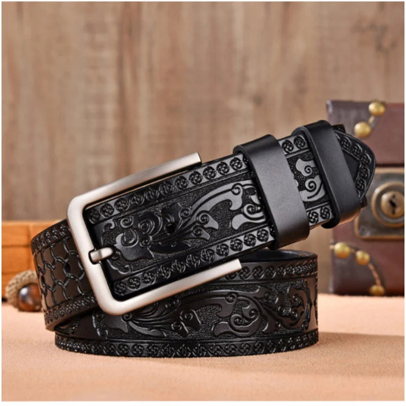 Men's Retro Embossed Leather Belt, European & American Cross-border Style, High Quality Casual Durable Waistband for Daily Use