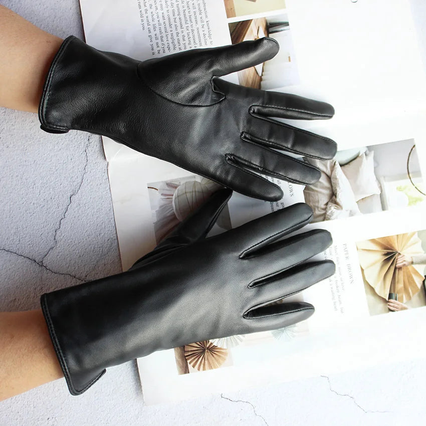 Leather Sheepskin Gloves Women's Autumn Warm Fleece Lining Color Fashion Thin Outdoor Activities Electric Bike Riding Driving