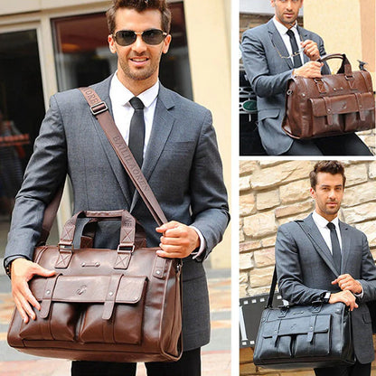 Men Leather Briefcase Large Capacity Business Handbag Messenger Bags Male Vintage Shoulder Bag Men's 14/15.6 Inch Laptop Bags