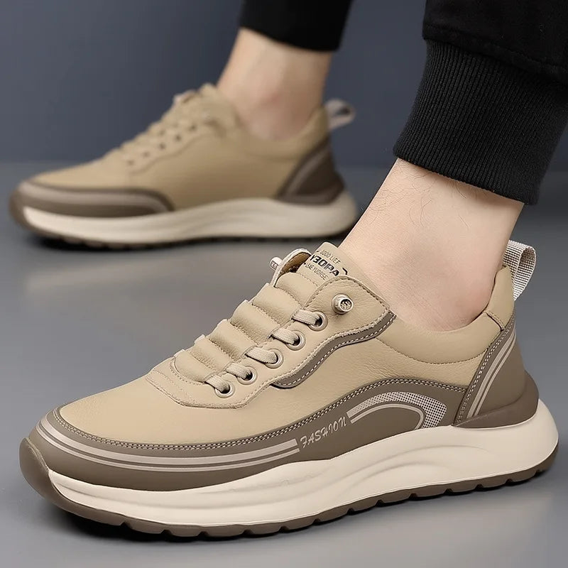 Men's Leather Shoes Soft Thick Sole Lightweight Anti-slip Casual Board Shoes Male PU Surface Waterproof Simple Sneakers