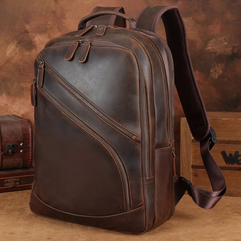 Men’s Genuine Leather Laptop Backpack 15.6 Inch, Premium Cowhide Business Bag, Travel Camping Rucksack