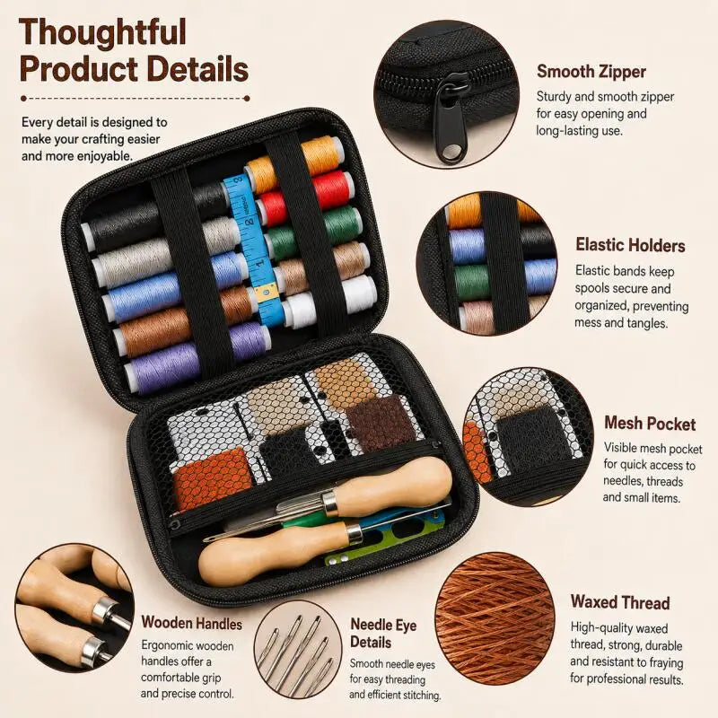1 set, leather sewing tool kit, with waxed thread, needles, and awl, professional DIY leather craft accessories and tools