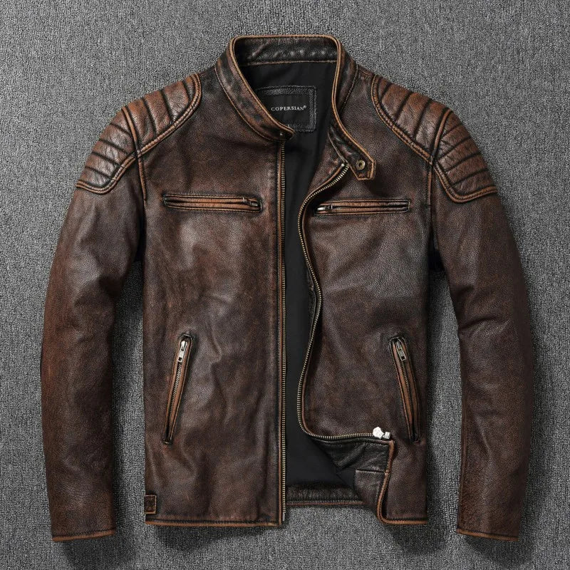 New Vintage Black Leather Jacket Natural Cowhide Men Motorcycle Biker Coat Mens Slim Calf Skin Coat
