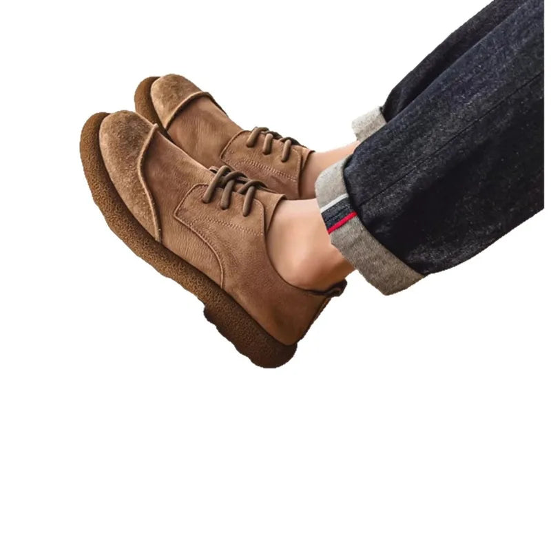 2025 Autumn New Leather Casual Shoes Wide Head Retro Low-top Lace-up Men's Shoes Trendy Versatile Soft Sole Breathable Shoes