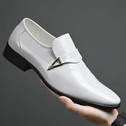 White Leather Shoes for Men 2025 New Patent Leather Business Men Casual Shoes Slip on Party Dress Footwear Pointed Toe Loafers
