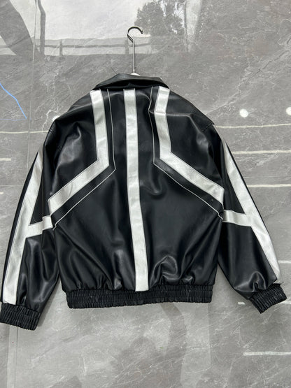 Cool Stylish High Street Heavy-duty Jackets for Men Silhouette Embroidered Contrast Color Patchwork Leather Racing Jacket