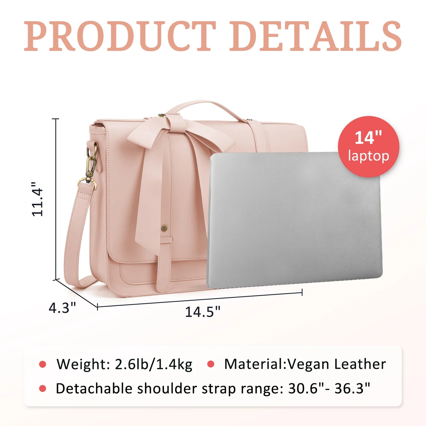 Genuine Leather Shoulder Bag Women's Messenger Bag PU Leather 14 Inch Laptop Bag Briefcase Suitable for University Business