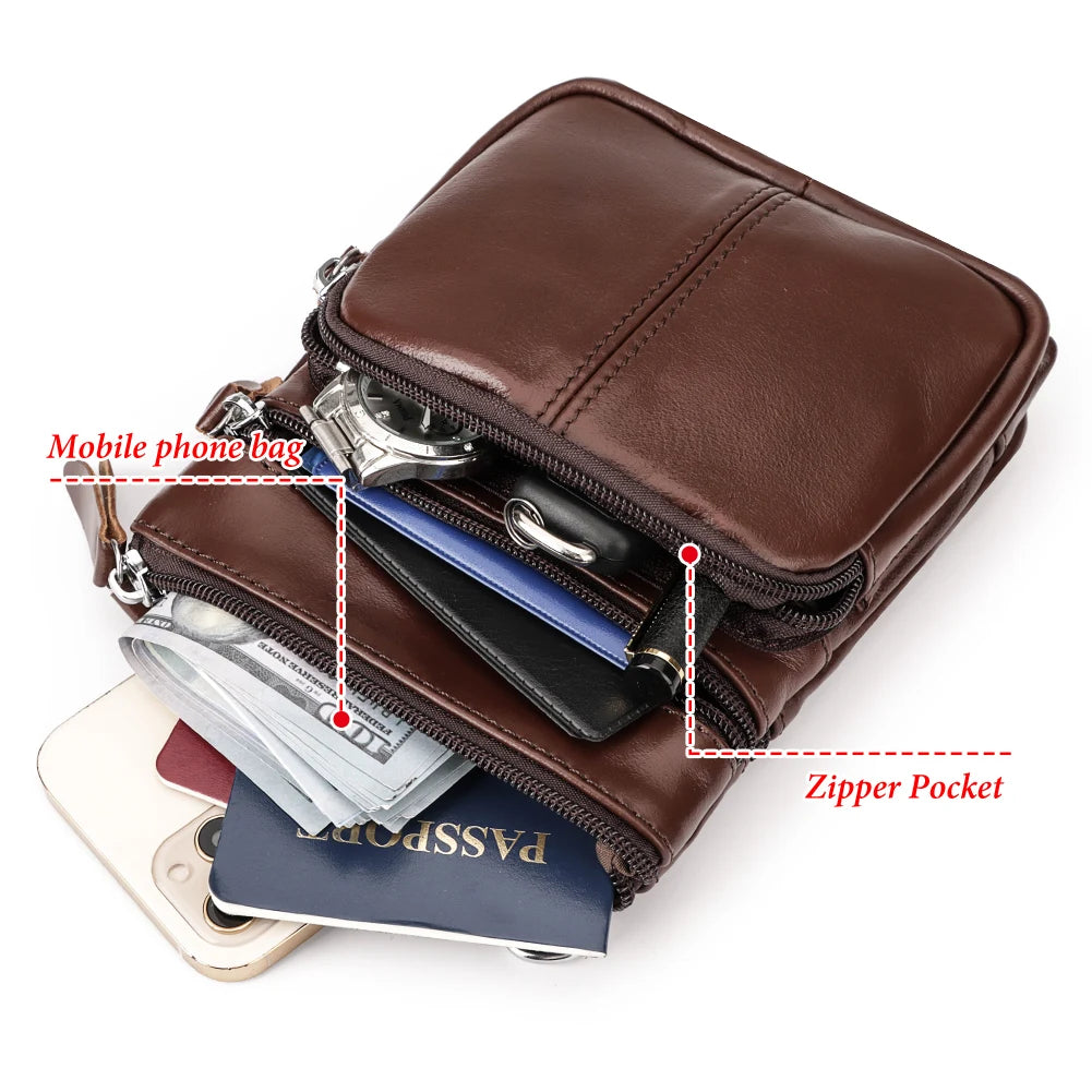 Genuine Leather Men's Bag Casual Small Messenger Shoulder Bags for Man Multifunction Travel Sling Crossbody Bag for Cell Phone