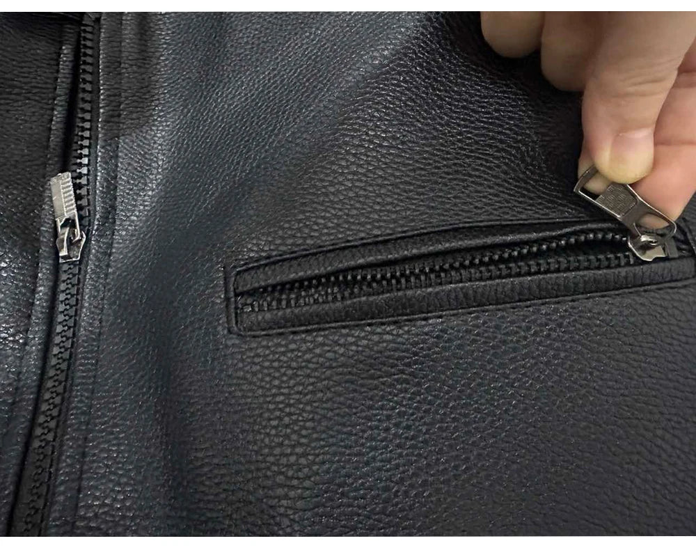New Vintage Black Leather Jacket Natural Cowhide Men Motorcycle Biker Coat Mens Slim Calf Skin Coat