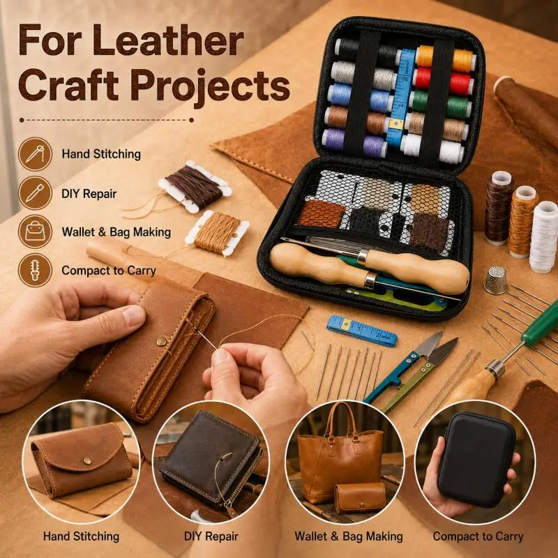 Leather sewing tool set, with waxed thread and needle threader, suitable for leather sewing DIY craft accessory set