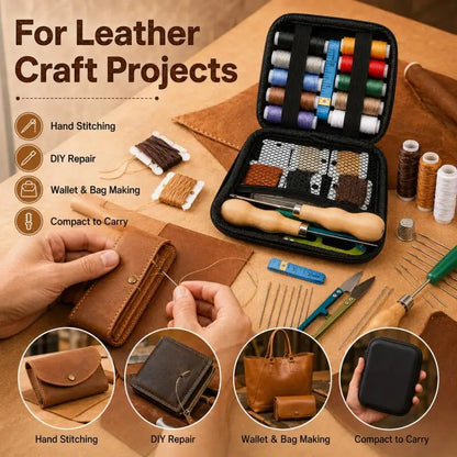 Leather sewing tool set, with waxed thread and needle threader, suitable for leather sewing DIY craft accessory set