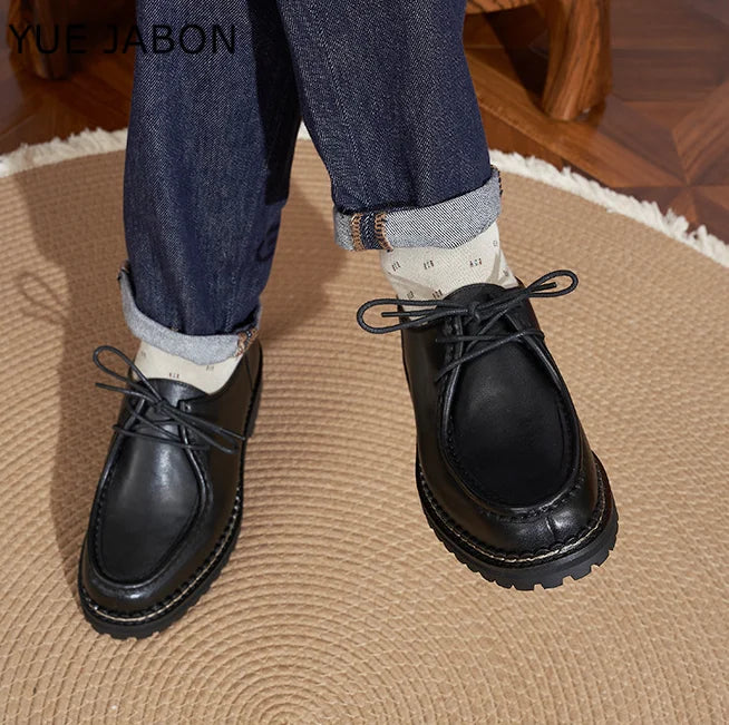 Thick-Soled Derby Shoes Genuine Leather Men's Shoes Designer Lace-Up Casual Shoes Wear-Resistant Trendy Handmade Men's Shoes
