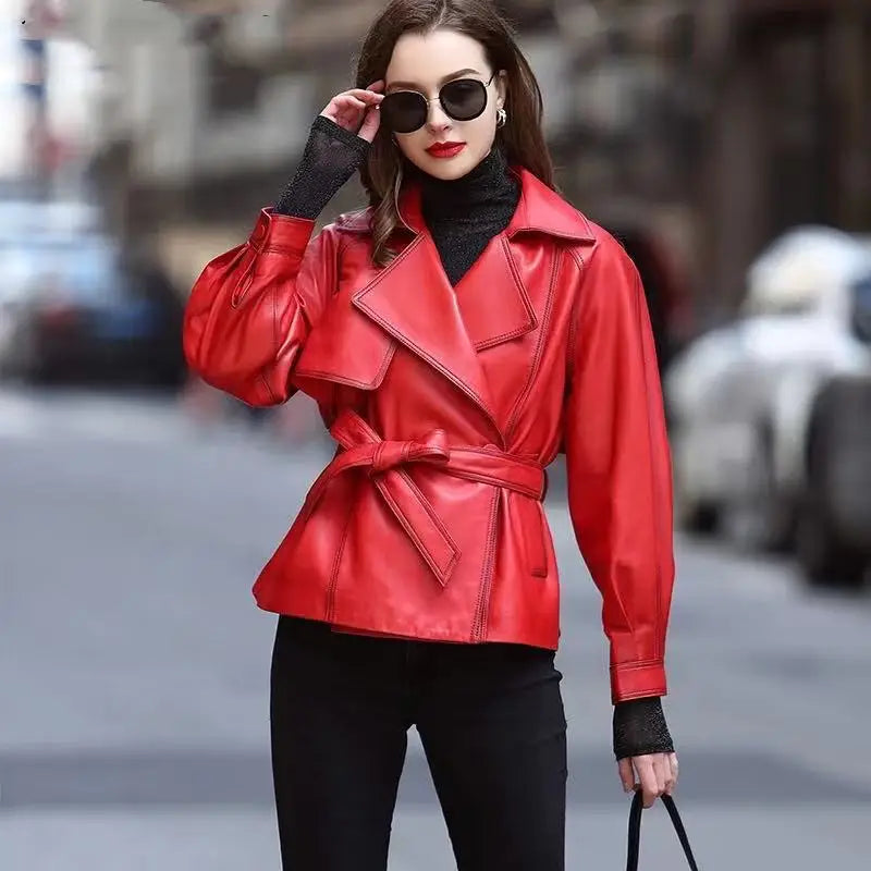 100% Real Sheepskin Women Vintage Brown Leather Jackets Fashion Lapel Collar Belt Ladies Casual First Layer Leather Jackets Tops