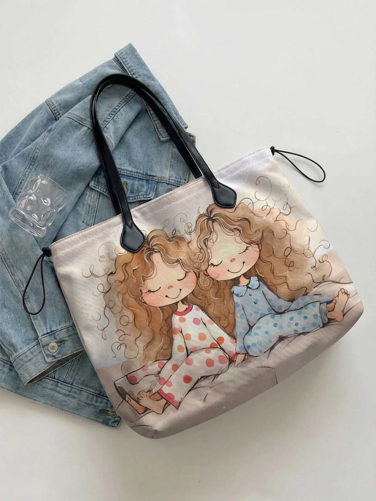 Printed handbag for women, large capacity leather handle shopping bag, casual shoulder bag