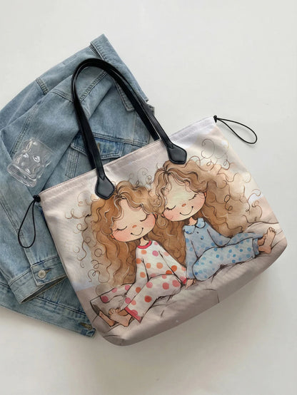 Printed handbag for women, large capacity leather handle shopping bag, casual shoulder bag
