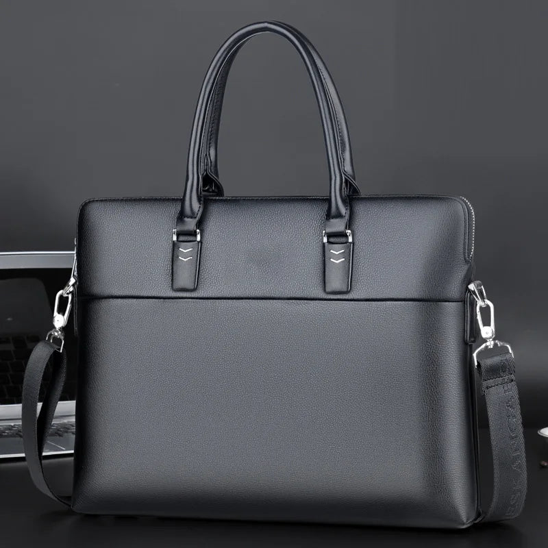Men's Professional Leather Briefcase - 14" Laptop Office Bag with Shoulder Strap, Waterproof Business Messenger Bag