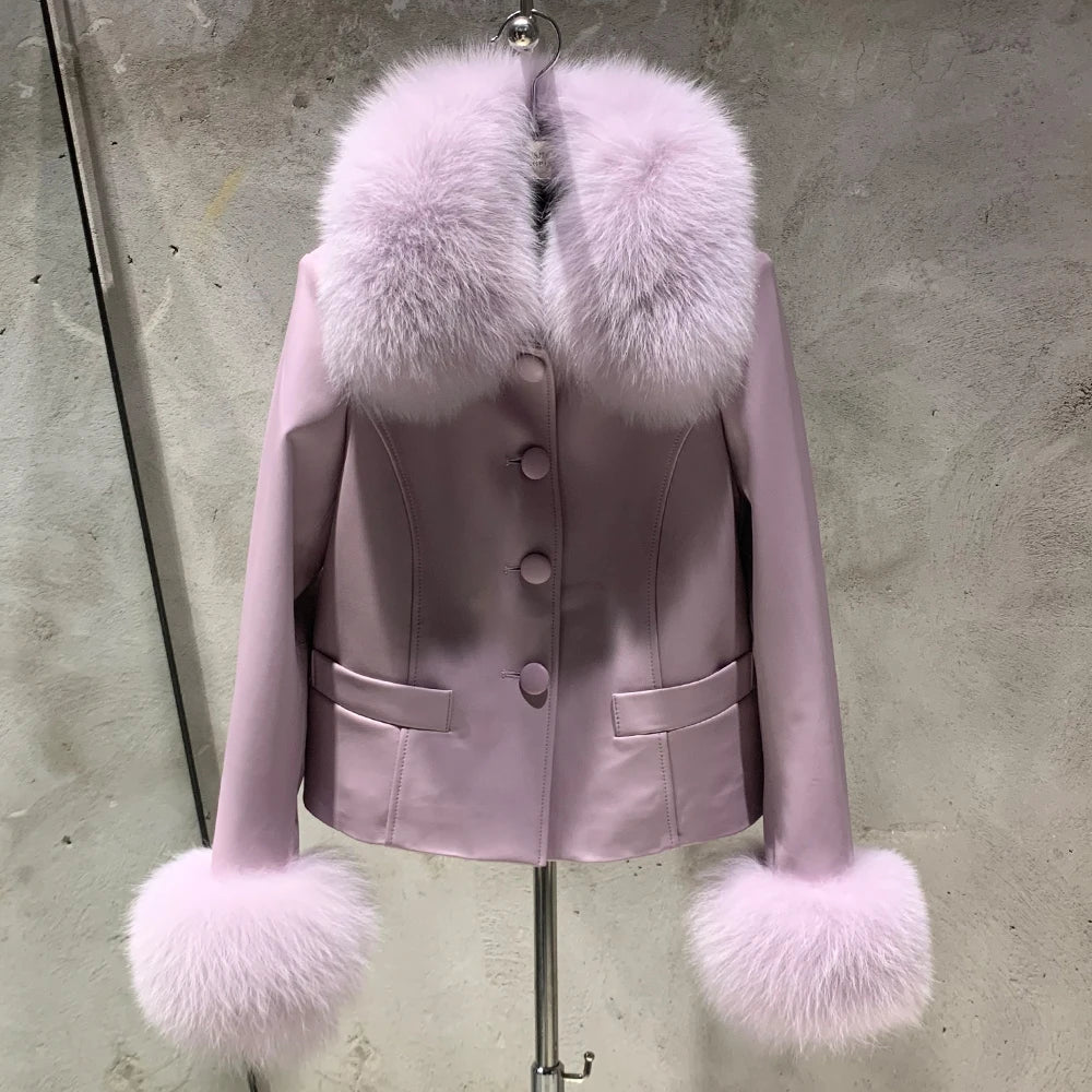 Fox Fur Collar Leather Jackets Women Autumn Luxury Natural Fox Fur Leather Jackets with Long Sleeve