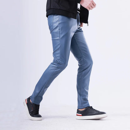 Men Leather Pants Skinny Fit Elastic Fashion PU Leather Trousers Wet Look Stretch Faux Leather Motorcycle Pants Thin Streetwear