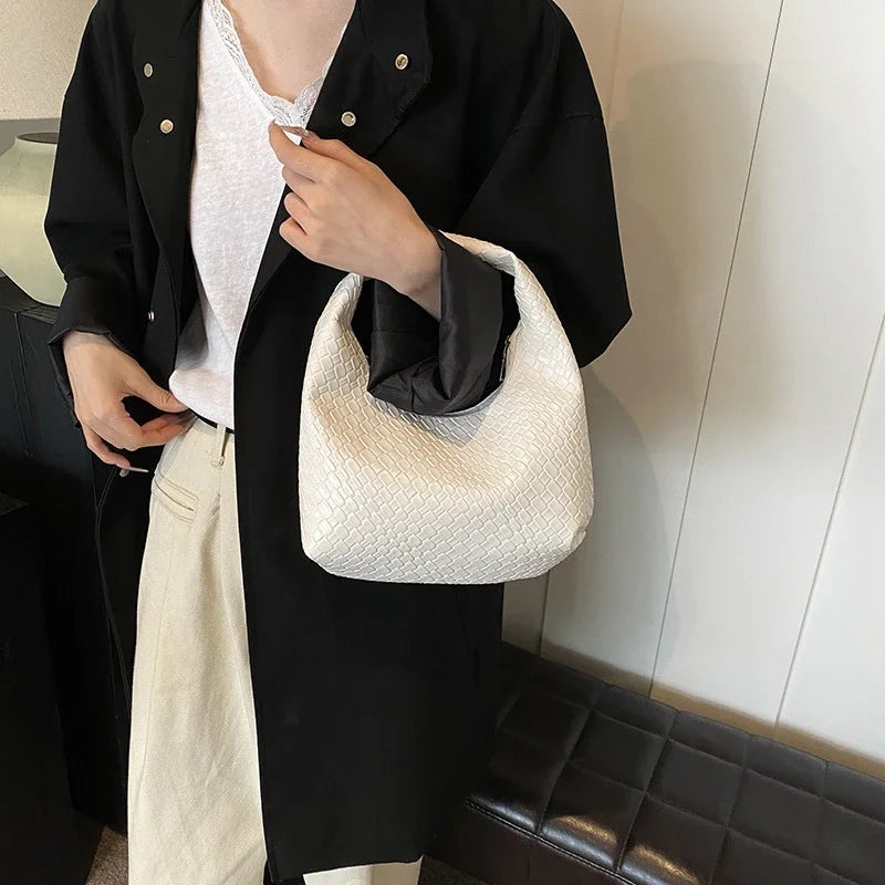 Women Classic Handbags for Women Fashion Woven Embossed Soft PU Leather Small Top Handle Shoulder Bag, Casual Daily Use Tote Bag