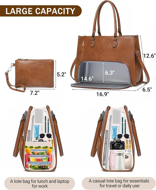 2 in 1 Laptop Tote Bag with Insulated Lunch Compartment for Women Work, PU Leather Lunch Bag with 15.6 Inch Computer Compartment