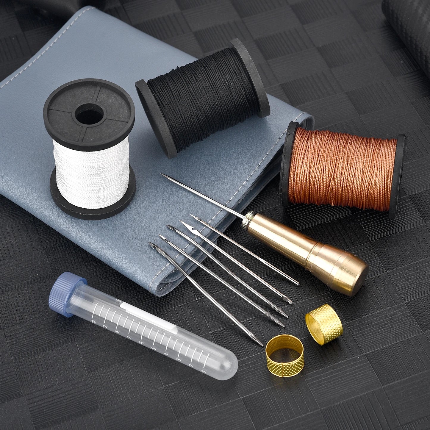 Leather Sewing Kit DIY Leather Sewing Awl Needle with Copper Handle Set Leather Canvas Tent Shoes Repairing Tool 3 Color Thread