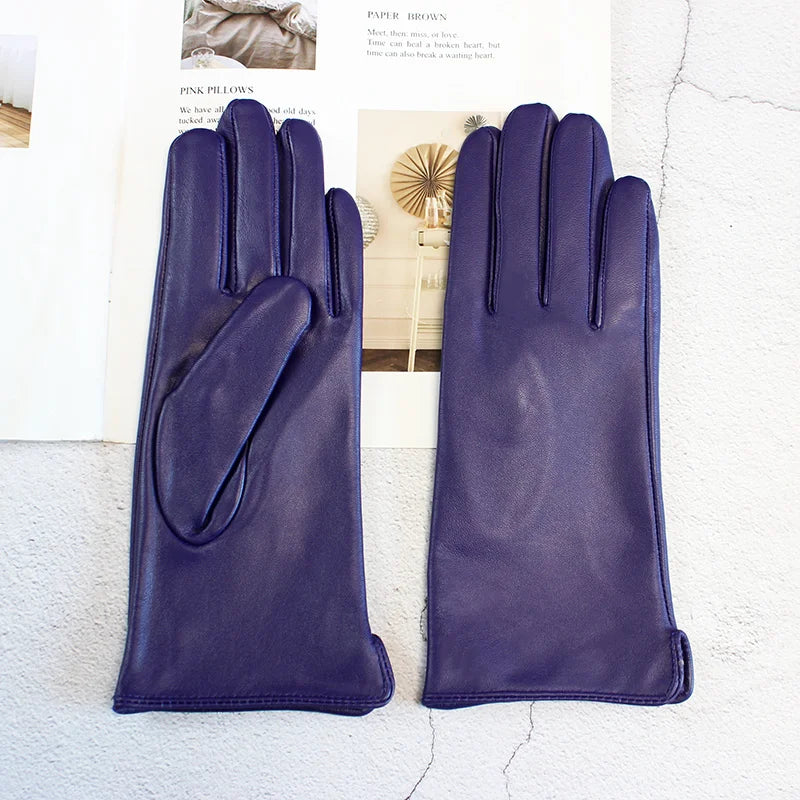 Leather Sheepskin Gloves Women's Autumn Warm Fleece Lining Color Fashion Thin Outdoor Activities Electric Bike Riding Driving