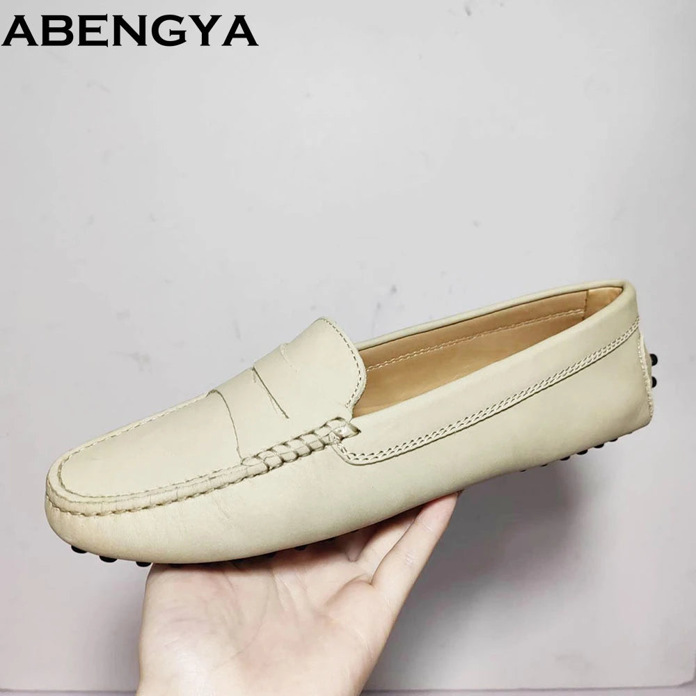 ABENGYA Real Leather Loafers Flat Shoes Women Slip On Ladies Casual Single Shoes Ballet Flats Shoes For Women Mules