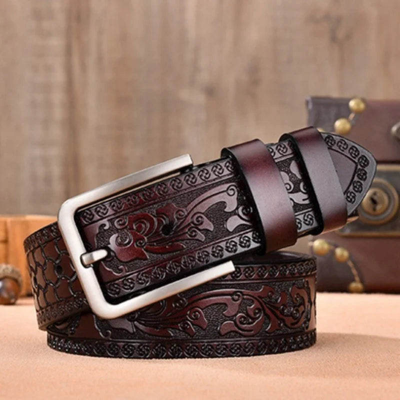 Men's Retro Embossed Leather Belt, European & American Cross-border Style, High Quality Casual Durable Waistband for Daily Use