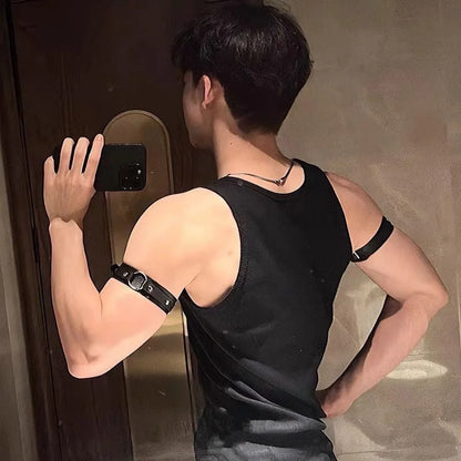 Leather Arm Band for Men, Metal Ring Upper Arm Cuff, Wristband Collar, Punk Leather Strap Jewelry Accessories