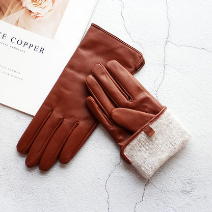 Leather Sheepskin Gloves Women's Autumn Warm Fleece Lining Color Fashion Thin Outdoor Activities Electric Bike Riding Driving