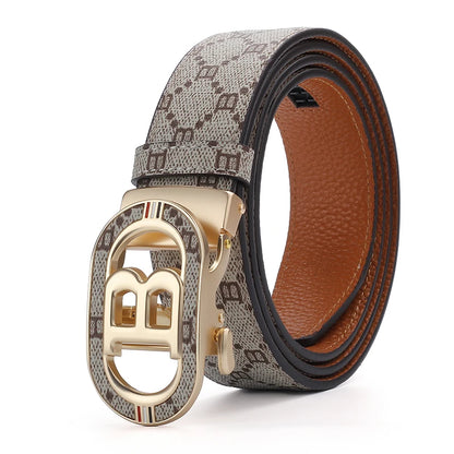 Fashion B Letter Auto Buckle Belt Men's Monogram Print PU Leather Adjustable Waist Strap for Daily Work