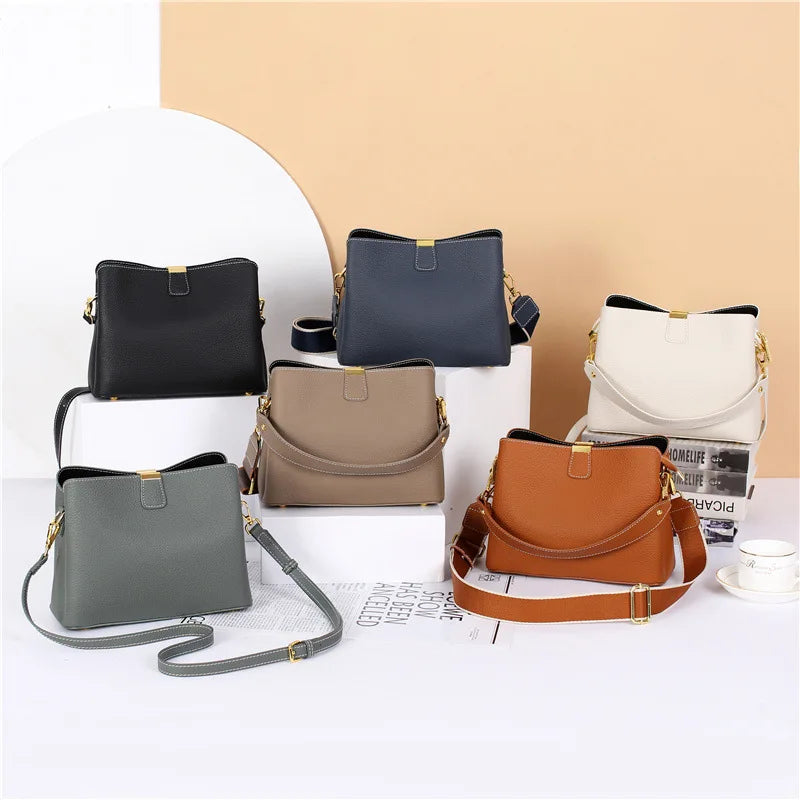 Women's Genuine Leather Handbag Luxury Bucket Style Casual Lady Fashion Shoulder Crossbody Messenger Bag for Girls 2025 Hot Sale