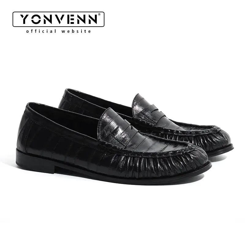 Loafers for men's eel skin pleated design a top layer cowhide slip in formal dress shoe suitable for casual work and commuting