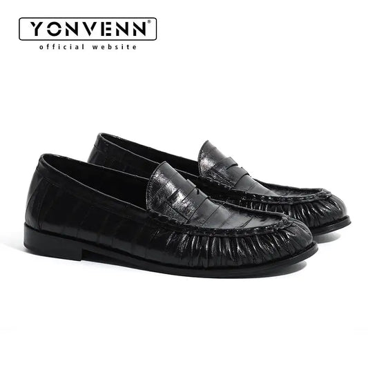 Loafers for men's eel skin pleated design a top layer cowhide slip in formal dress shoe suitable for casual work and commuting
