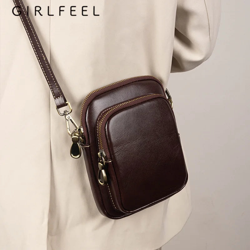 Genuine Leather Handbag for Women 2024 Trend Small Bag Simple Vegetable Tanned Cowhide Mobile Phone Bag Crossbody Shoulder Bag