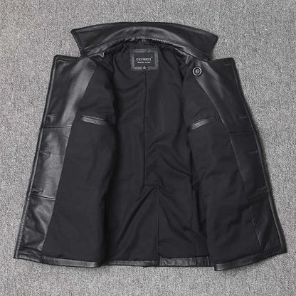 Genuine Leather Jacket Men's Top Layer Cowhide Jacket Mid-Length Men's Lapel Windbreaker Slim-Fit Jacket Double-Breasted