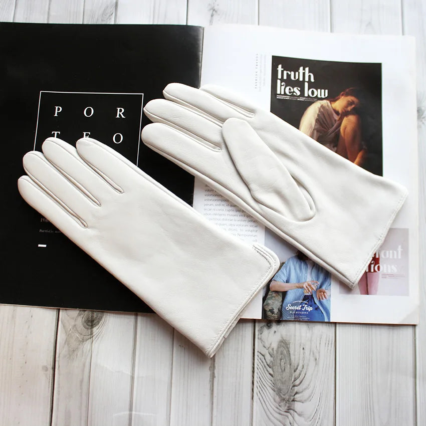 Leather Sheepskin Gloves Women's Autumn Warm Fleece Lining Color Fashion Thin Outdoor Activities Electric Bike Riding Driving