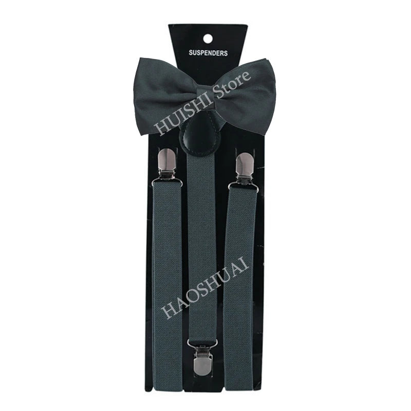 Suspenders Man Bowtie Solid Color Elastic PU Leather Suspenders For Man Belt Adjustable Straps For Wedding Bow Tie Accessories