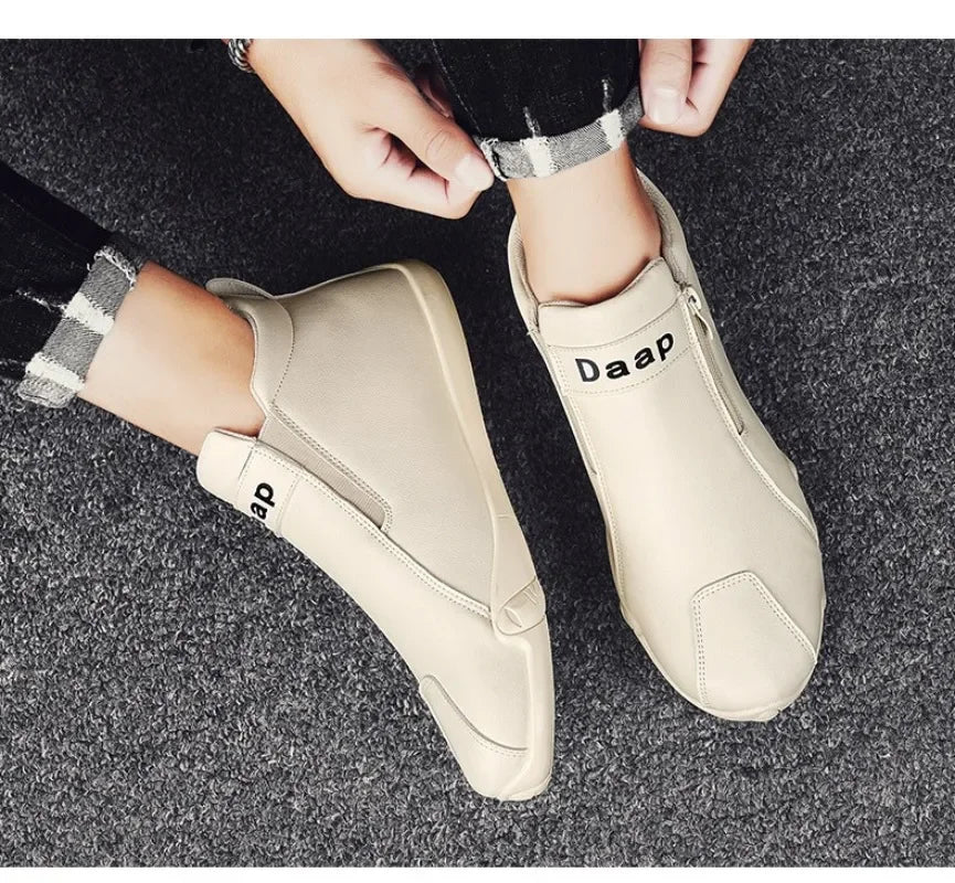Men's Leather Shoes Ankle Boots Casual Leather Loafers Zipper Comfortable Formal Flat Solid Color White Shoes Driving Moccasins