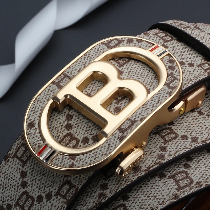 Fashion B Letter Auto Buckle Belt Men's Monogram Print PU Leather Adjustable Waist Strap for Daily Work