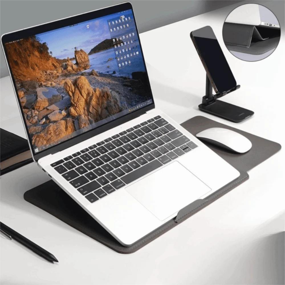 PU Leather 14 Inch Laptop Sleeve Bag Waterproof Adjustable Laptop Sleeve Case Ultra-thin Stain-resistant Laptop Stand Office