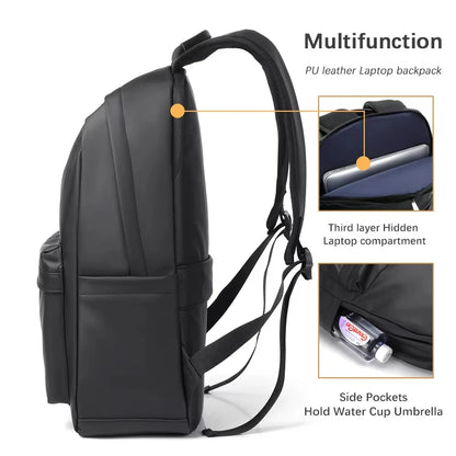 New Fashion Men PU Leather Backpack Black School Bags for Teenager 15.6 Inch Laptop Backpacks Mochila Masculina High Quality