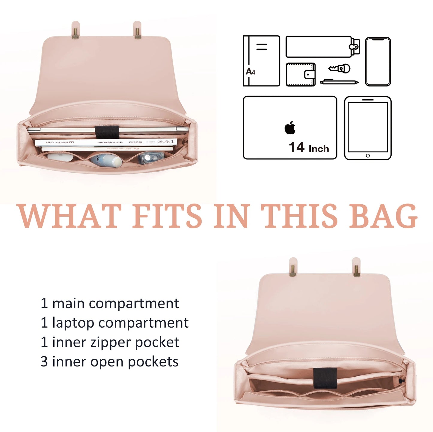 Genuine Leather Shoulder Bag Women's Messenger Bag PU Leather 14 Inch Laptop Bag Briefcase Suitable for University Business