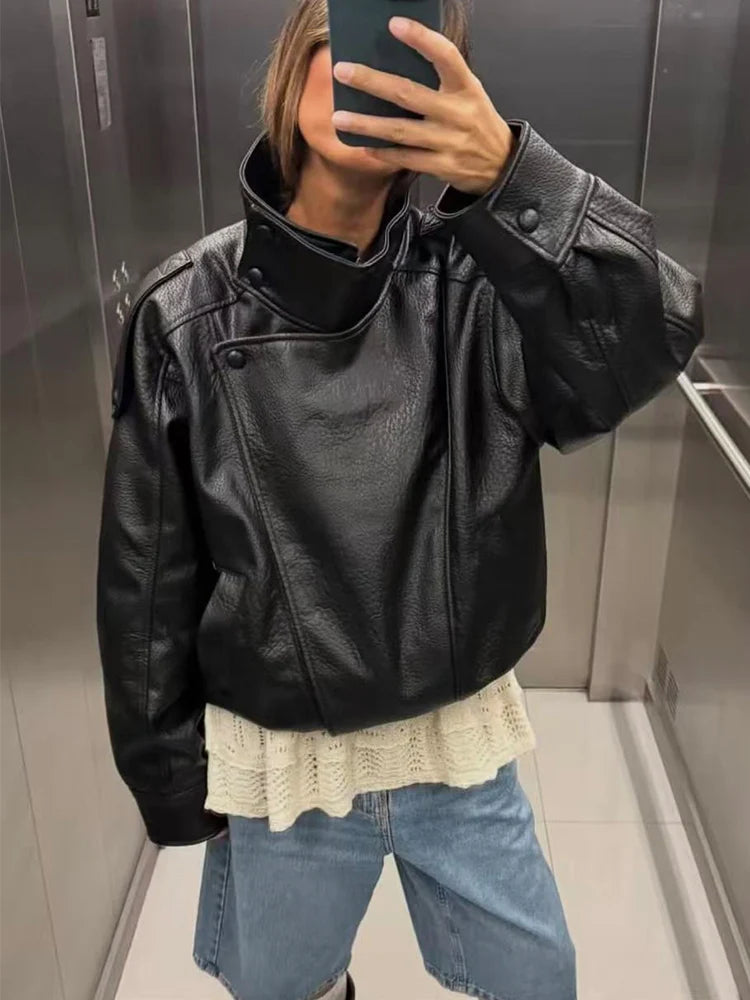 Women Fashion Leather Jacket Autumn Winter Loose Causal PU Faux Leather Jackets Coat Fashion Street Motorcycle Jackets