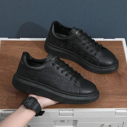 Leather Casual Shoes Men 2025 New Lace-up Thick Sole Casual Sneakers Versatile Leather Muffin Shoes Elevated Male Board Footwear