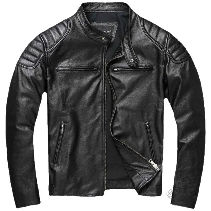 New Vintage Black Leather Jacket Natural Cowhide Men Motorcycle Biker Coat Mens Slim Calf Skin Coat