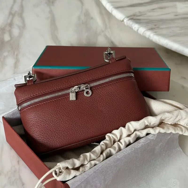 Lunch box bag, genuine leather women's bag, one shoulder crossbody handbag, lychee patterned makeup bag