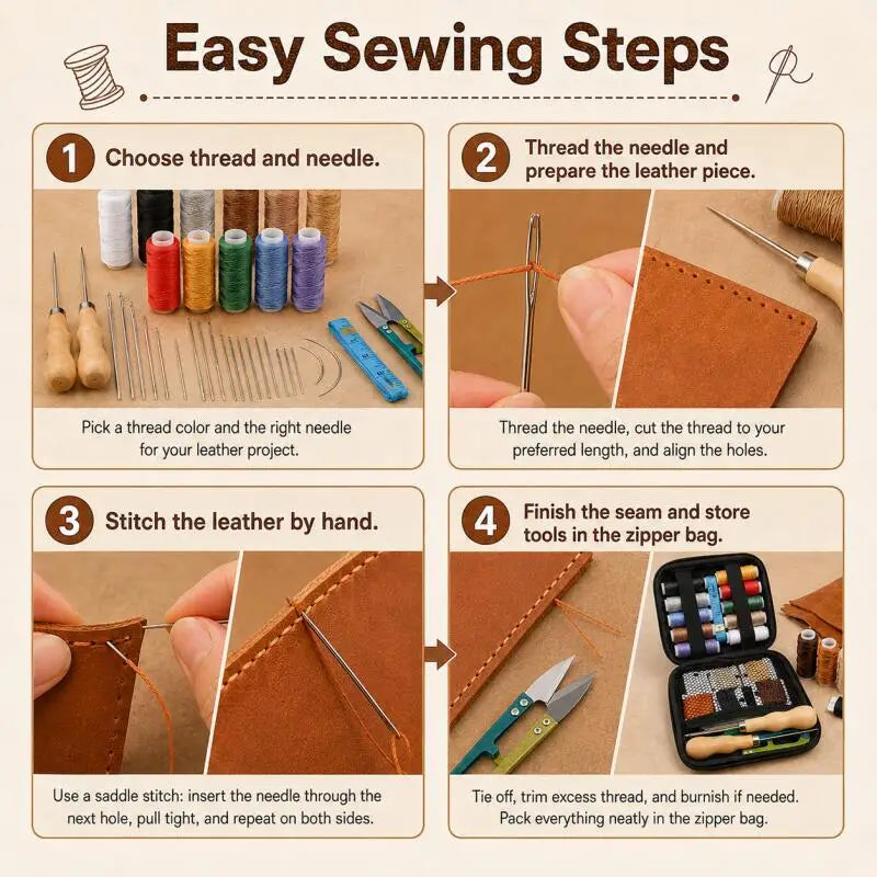 Leather sewing tool set with waxed thread and needle threader, DIY craft accessory set suitable for leather sewing
