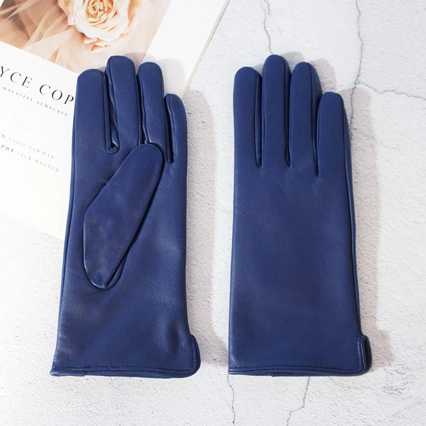 Leather Sheepskin Gloves Women's Autumn Warm Fleece Lining Color Fashion Thin Outdoor Activities Electric Bike Riding Driving